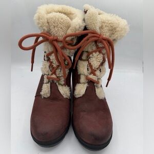 Sorel Joan of Arctic Wedge Mid Boots Brown Leather Shearling Lace Up Women’s 7.5